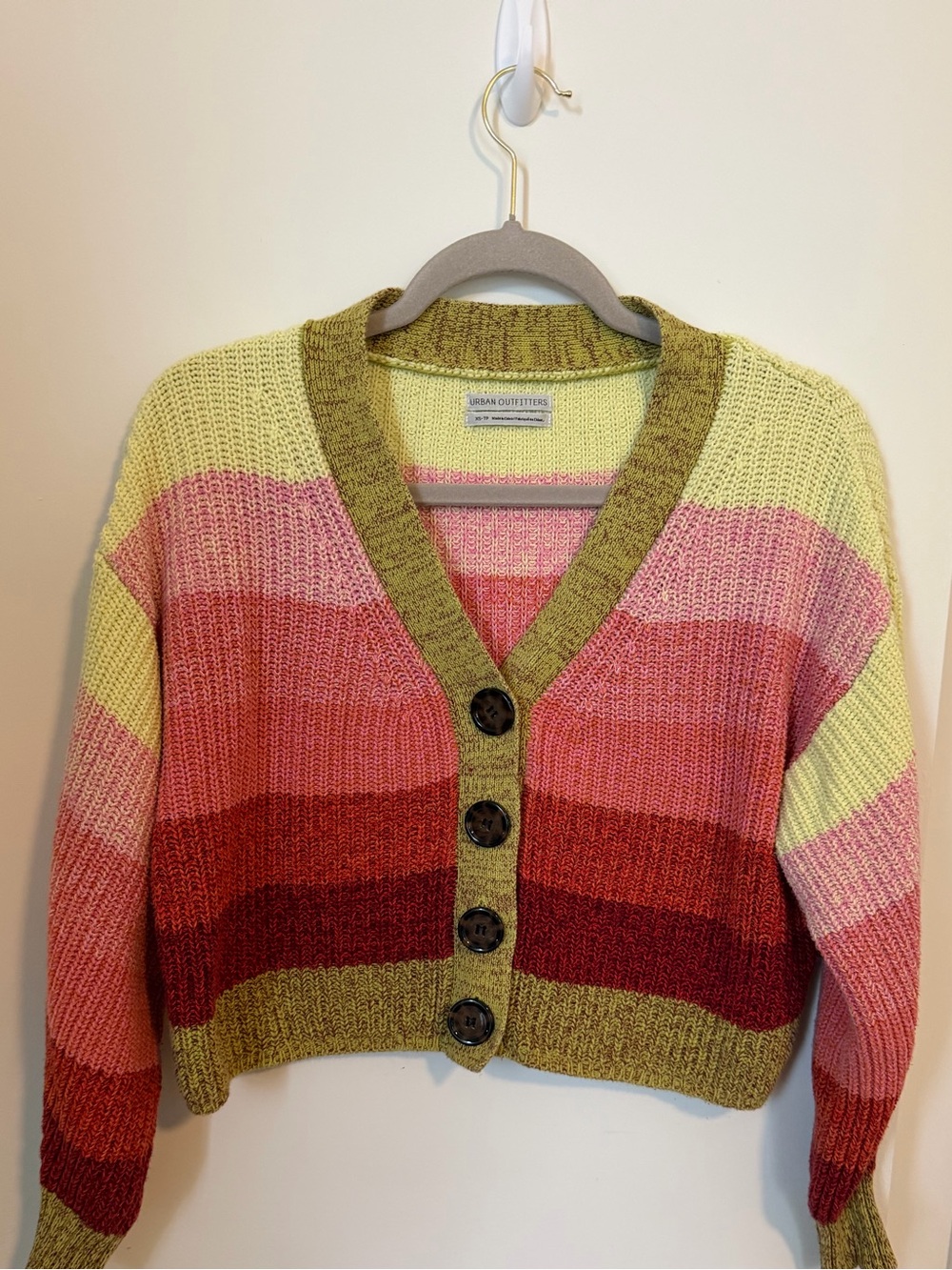 Urban Outfitters Striped Cropped Cardigan in Pink, Red, Yellow and Olive - Picture 2 of 4